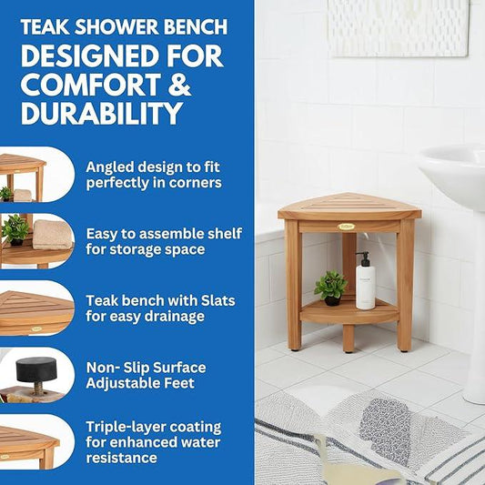 EcoDecors Snazzy Corner Waterproof Teak Wood Shower Bench Stool Seat Chair For Inside Shower Provides Safety, Storage, and Organization For Bathroom Accessories - ModernBath