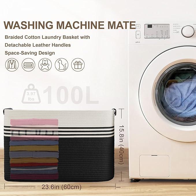 100L Extra Large Laundry Basket with Leather Handles for Living Room Storage, Woven Rope Baskets for Blanket, Kids Toy, Gifts, Wicker Hamper for Bedroom Dirty Clothes, 24"x16"x16" White Black - ModernBath