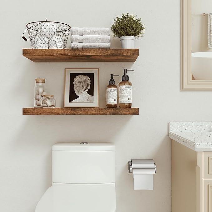 Vivelove 24 inchs Bathroom Floating Shelves for Wall, 9.1” Deep x 1.6” Thick Wall Shelves for Bedroom, Living Room, Kitchen, Office, Rustic Farmhouse Shelf Decor with Invisible Bracket, Set of 2 - ModernBath