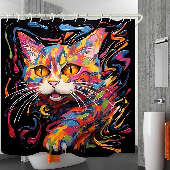 LYFANS Bathroom Using Colorful Oil Painting Cat 3D Shower Curtains, Luxury Bathtub Standard Shower Curtain, Waterproof and Bright Fabric Shower Curtain， Size (72x72 Inches) - ModernBath