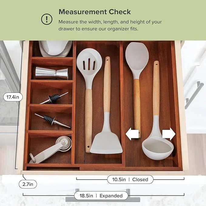 KitchenEdge Adjustable Kitchen Drawer Organizer for Utensils and Junk, Food-Safe Contract Grade with 100% Sustainable Wood, Non-Slip, Expandable from 10.5 to 18.5 Inches Wide - Natural Acacia - ModernBath