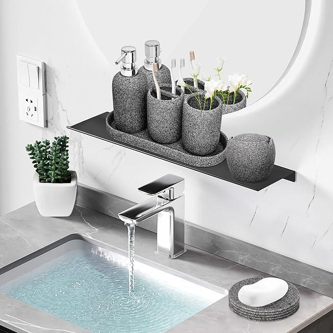 Bathroom Accessory Set, 6PCS Gray Bathroom Accessories - Soap Dish, Lotion Dispenser, Toothbrush Holder, Mouthwash Cup, Tray, Cotton Ball Jar, Aesthetic Decor Bathroom Sets - ModernBath
