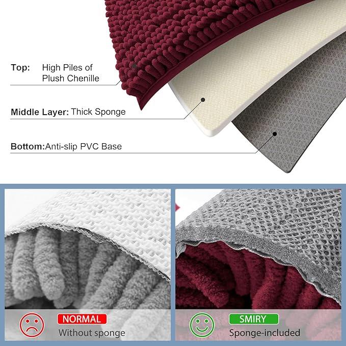 Smiry Luxury Chenille Bathroom Rugs 44x32, Extra Soft and Absorbent Shaggy Bath Mat, Machine Washable, Non-Slip Plush Carpet Runner for Tub, Shower, and Floor, Home Decor Accessories, Burgundy - ModernBath