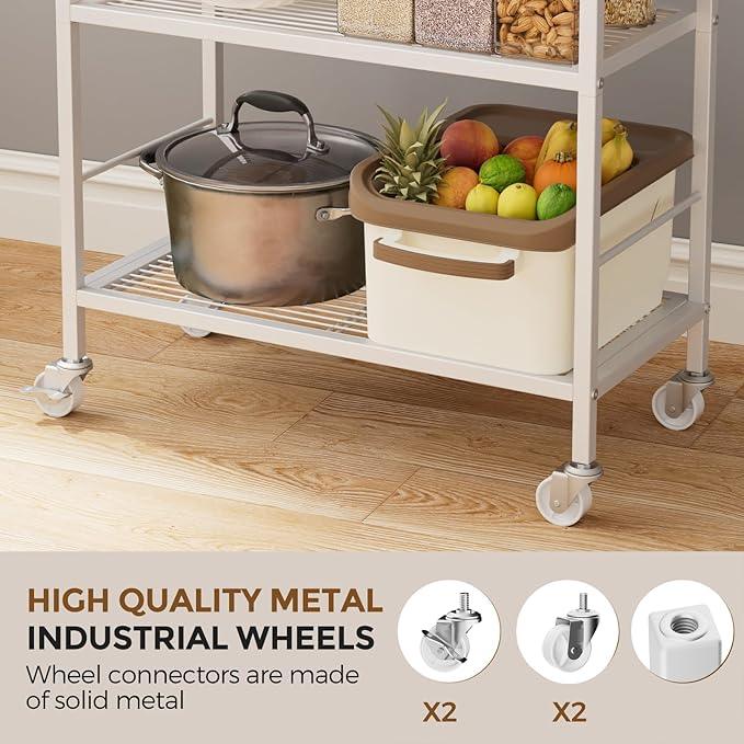 3-Tier Metal Storage Rack with Industrial Wheels,Mesh Shelving Unit with Wooden Table top,Adjustable Shelf,23.6-Inch Width,for Kitchen,Laundry,Pantry,Plant,Oak panel and white frame - ModernBath