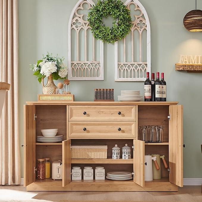 Farmhouse 58" Buffet Cabinet with Storage, 34" Tall Sideboard Cabinet w/2 Large Drawers & 4 Grooved Barn Doors, Wood Rustic Sideboard for Dinning Room, Kitchen, Living Room,Natural - ModernBath