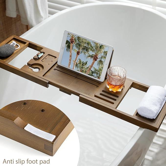 Realgulf Bamboo Bathtub Tray Caddy - Splash-Proof Adjustable (28.5-40") with Wine Holder, Tablet Stand & Non-Slip Grip | Spa-Grade Organizer for Bath Essentials & Reading- Walnut - ModernBath