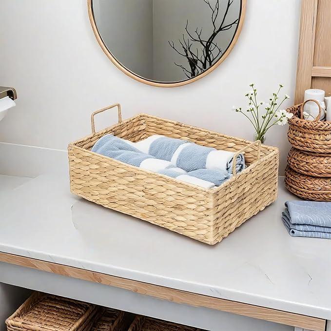 Handmade Water Hyacinth Woven Storage Basket with Lid, Multi - Functional Wicker Organizing Baskets (Large) - ModernBath