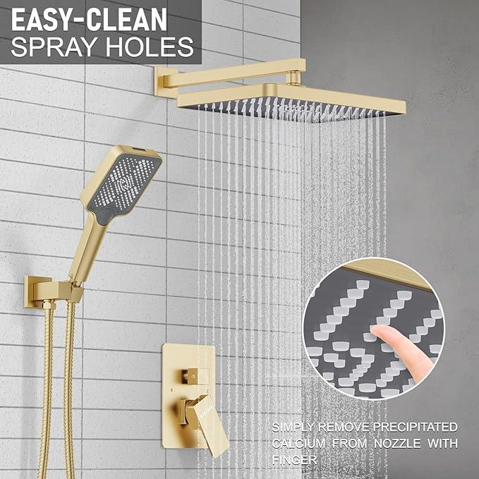 Shower System 13-Inch Rainfall Shower Head - 3 Setting Handheld Sprayer, Complete Bathroom Set with Faucet Mixer Trim Kit & Valve Brushed Gold - ModernBath