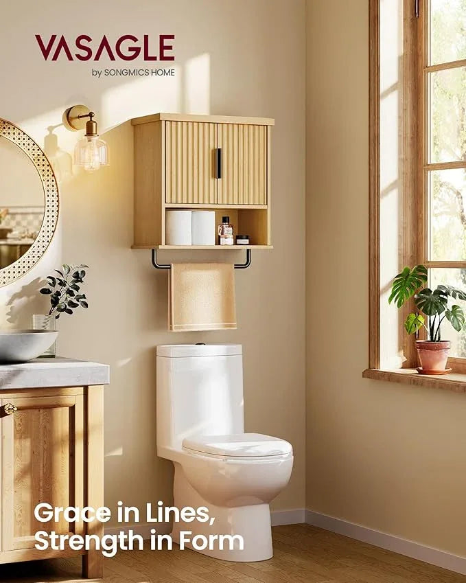 VASAGLE MAXE Collection - Bathroom Cabinet Wall Mounted, Over Toilet Hanging Cabinet with Adjustable Shelf, Towel Bar, Fluted Doors, 7.9 x 17.7 x 24 Inches, Transitional, Oak Beige UBBK137Y01S - ModernBath