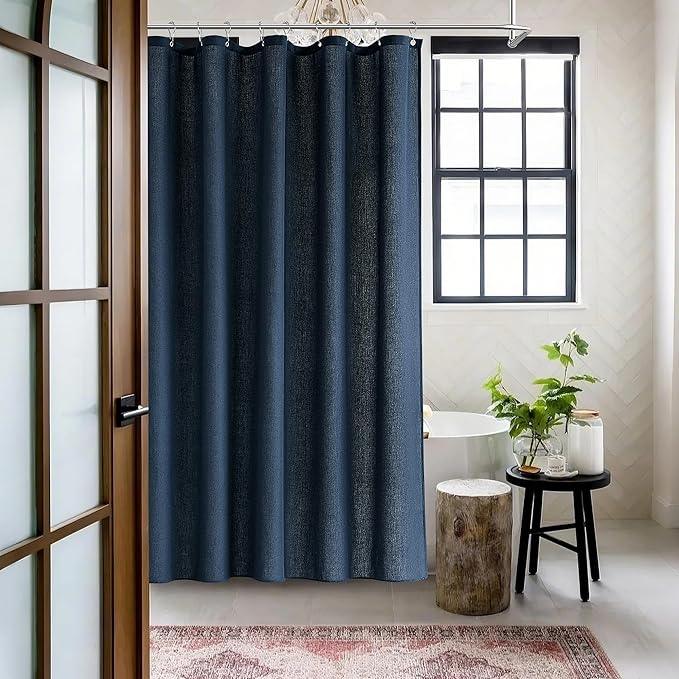 Jowels Navy Blue Linen Shower Curtain, Boho Farmhouse Shower Curtain Set for Bathroom, 200GSM Luxury Weighted Water Resistant Fabric Textured Shower Curtains with 12 Metal Hooks, 72Wx72H - ModernBath