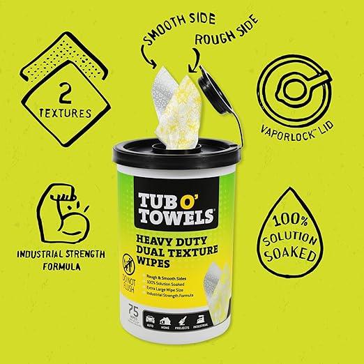 Tub O’ Towels TW75 Heavy-Duty 10" x 12" Size Multi-Surface Cleaning Wipes, Dual Texture, 75 Count Per Canister - ModernBath