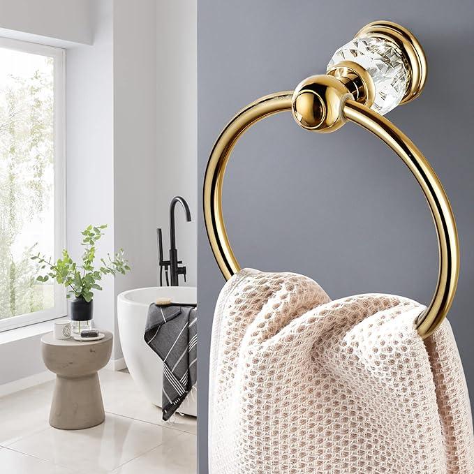 WINCASE Crystal Towel Ring, Gold Towel Holders for Bathrooms, Round Hand Towel Rack Wall Mounted Decorative - ModernBath