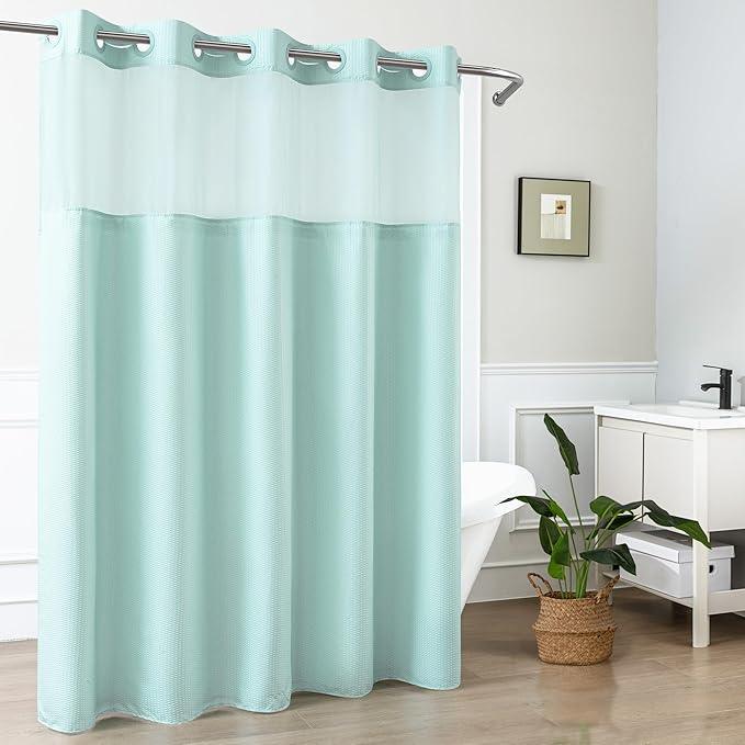 Mrs Awesome No Hook Shower Curtain with Snap-in Liner, Embossed Waffle Design Fabric Shower Curtain for Bathroom, Soft & Lightweight, 71x74, Sky Blue - ModernBath