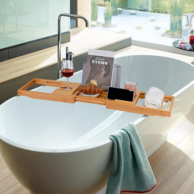 Utoplike Bamboo Bathtub Caddy Tray Bath Tray for Tub, Adjustable Bathroom Bathtub Organizer with Book Tablet Wine Glass Cup Towel Holder - ModernBath