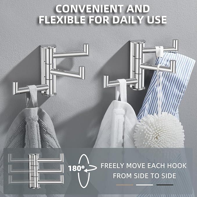 Angle Simple Swivel Towel Hooks for Bathroom, SUS 304 Stainless Steel Foldable 3 Arms Hand Towel Holder, Coat Wall Hooks, Polished Chrome, 2 Pack - ModernBath