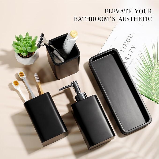 YMXYJM Bathroom Accessories Set, 4 Pcs Bathroom Accessory Set, Soap Dispenser, Toothbrush Holder, Qtip Holder Set, Bathroom Sets Complete, Bathroom Sink Set for Modern Home Decor, Black - ModernBath