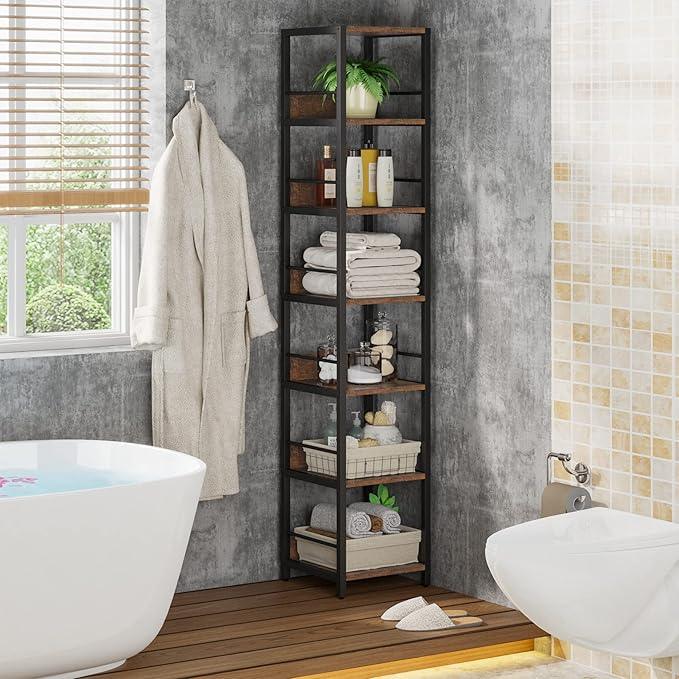 Tribesigns 6-Tier Corner Shelf, 75 Inch Tall Narrow Bookshelf Storage Rack, Etagere Shelves Display Stand for Small Spaces, Rustic Open Bookcase Square Shelf Tower for Living Room Bathroom - ModernBath