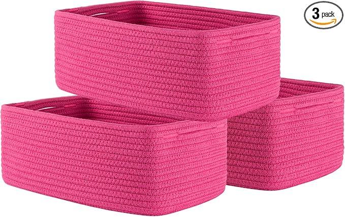 Small Woven Basket, 13.5 x 9.5 x 5 Inches, Storage Basket for Organizing, Cute Small Rope Shelf Closet Cube Storage Bins Baskets for Shelves, Dog Toy Gift Baskets Empty, 3 Packs, Hot Pink - ModernBath
