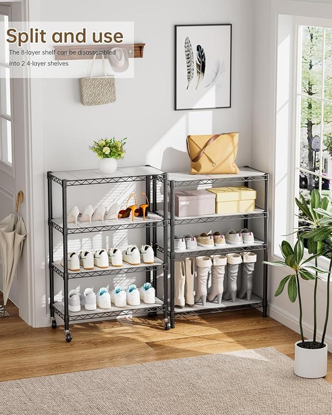 8 Tier Shelves Storage Shelf Wire Closet Bathroom Organizers Metal Pantry Kitchen Garage Shelving Unit Laundry Room Organization Home Rack Net Basket Black with Wheels 12”D X 22”W X 74.2”H - ModernBath