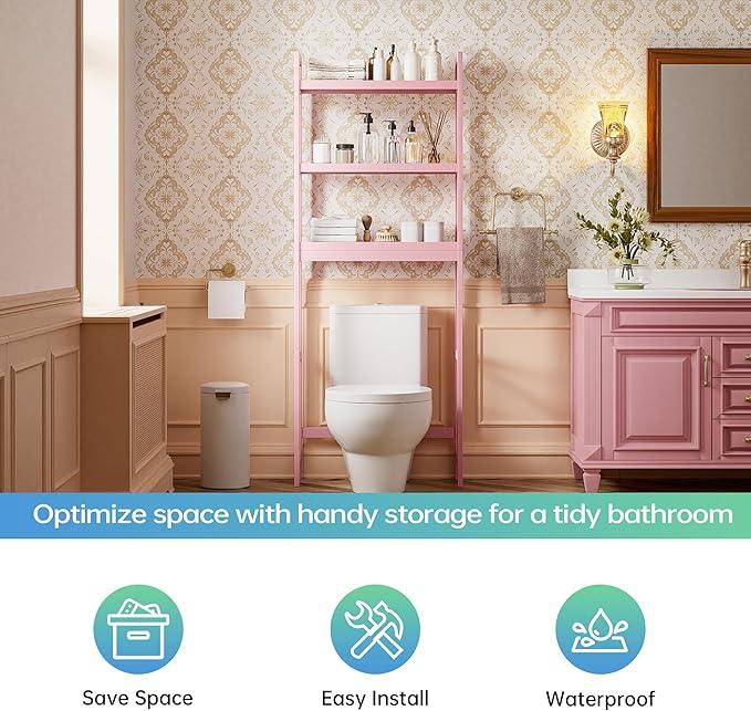 SMIBUY Bathroom Storage Shelf, Bamboo Over-The-Toilet Organizer Rack, Freestanding Toilet Space Saver with 3-Tier Adjustable Shelves (Pink) - ModernBath