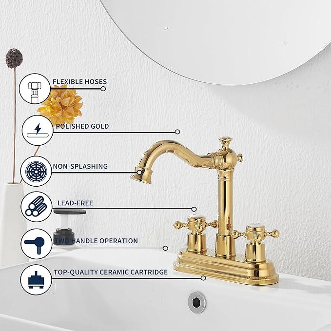 GGStudy Bathroom Faucet Polished Gold 2 Handles 4 Inches Centerset Bathroom Vanity with Drain Assembly and Supply Hose Lavatory Faucet - ModernBath