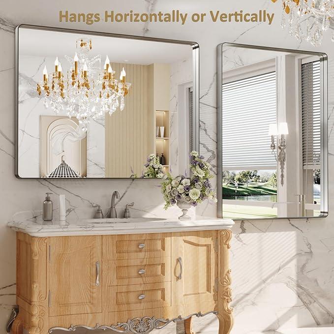LOAAO 48X36 Inch Brushed Nickel Bathroom Mirror, Rounded Rectangle Silver Metal Frame Mirror, Brushed Nickel, Anti-Rust, Shatter Proof, Hangs Horizontally or Vertically - ModernBath