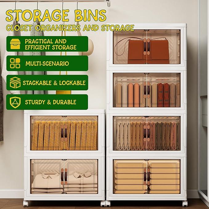 Storage Bins with Lids and Wheels, 220QT-110QT*2Tier Collapsible Bathroom Storage Cabinet with Clear Doors, Plastic Stackable Closet Organizers and Containers White - ModernBath