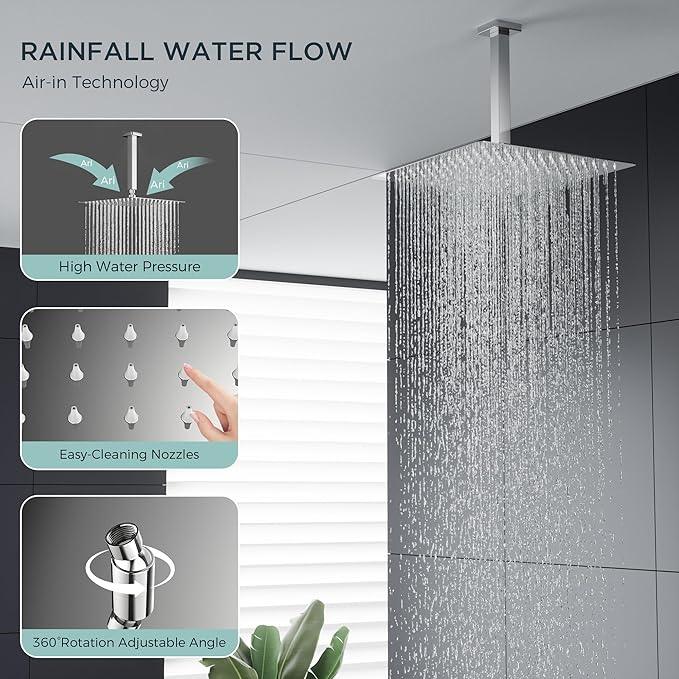 FORIOUS Shower Head System, 12 Inch Rain Shower Faucet Set with Handheld Spray Combo Rough-in Valve, Solid Brass Pressure Balanced Valve Trim Kit, Ceiling Mount, Chrome - ModernBath