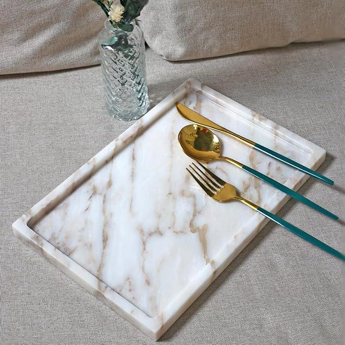 100% Natural Marble Serving Tray Luxury Marble Storage Tray for Home Decor Stone Tray for Bathroom/Kitchen/Vanity/Dresser,Plate Holder for Tissues, Candles, Towel - ModernBath