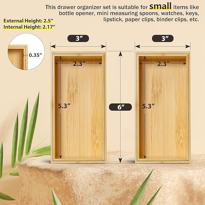 Kitchen Drawer Organizer Bins, Stackable Bamboo Deep Drawer Organizer for Silverware, Utensils, Cutlery, Flatware, Junk Drawer, Dresser, Bathroom, 6" x 3" x 2.5" (Set of 2) - ModernBath