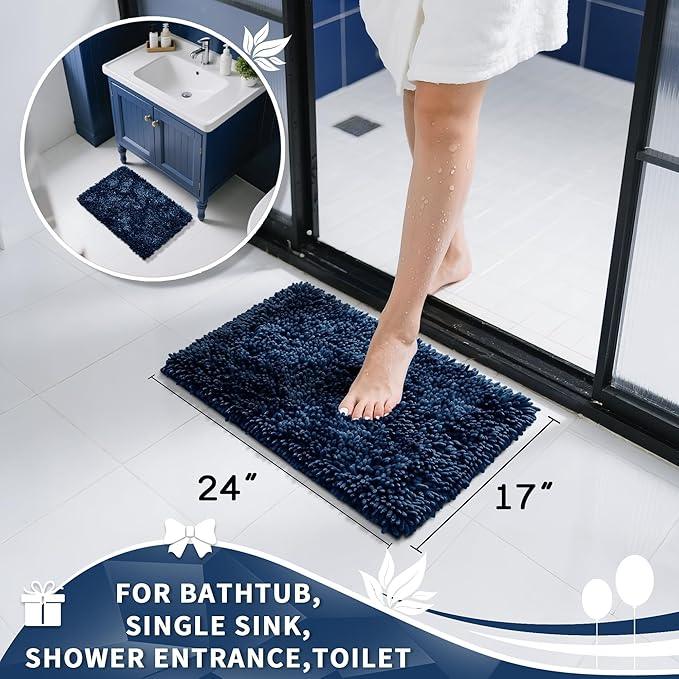 Yimobra Chenille Bathroom Rugs Non Slip, Extra Thick Soft Absorbent Bath Rug, Machine Washable Quick Dry Bath Mat for Bathroom Floor, Tub and Shower, Home Decor Accessories, 24x17, Navy Blue - ModernBath