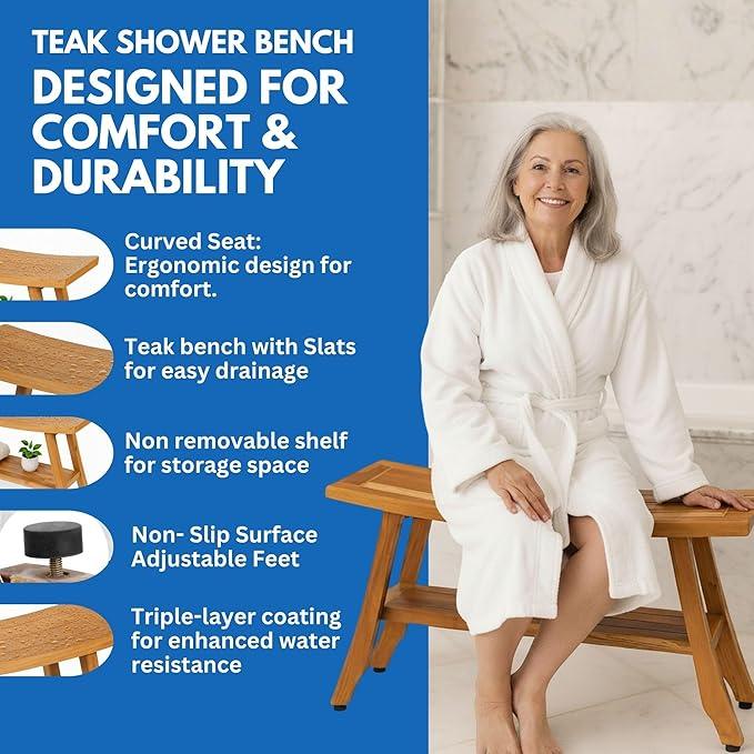 EcoDecors 34 Inch Satori Natural Teak Waterproof Teak Wood Shower Bench Stool Seat Chair For Inside Shower Provides Safety, Storage, and Organization For Bathroom Accessories - ModernBath