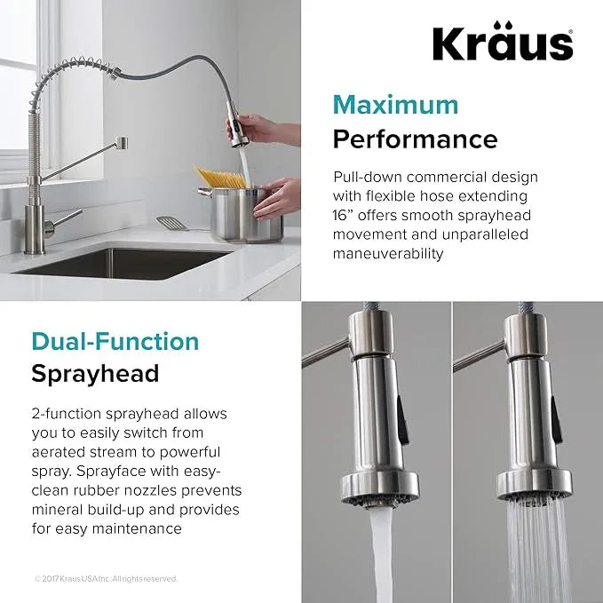 KRAUS Bolden Commercial Style 2-Function Single Handle Pull Down Kitchen Faucet in Spot-Free Stainless Steel, KPF-1610SFS - ModernBath