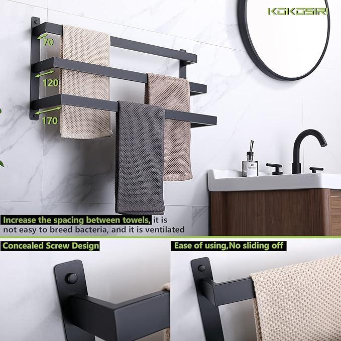 KOKOSIRI Towel Bars Black Bath Towel Holders Bathroom 3-Tiers Ladder Towel Rails Wall Mounted Towels Shelves Rack Stainless Steel, B5006BK-L24 - ModernBath
