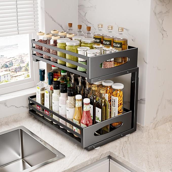 Under Sink Organizer, 2 Tier Under Sink Organizers and Storage, Adjustable Height, Slide out Metal Cabinet Organizers, Pull out Cabinet Storage Drawer Shelf for Kitchen Bathroom - ModernBath