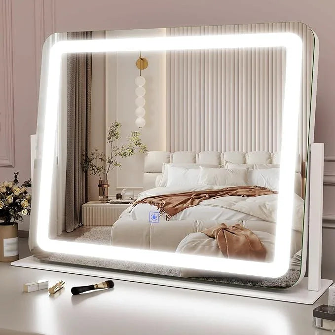 ROLOVE 22x17 Inch Lighted Vanity Mirror with Dimmable LED Lights - 3 Color Modes, Smart Touch Control & 360° Rotating Base - Desk Makeup Mirror (White) - ModernBath