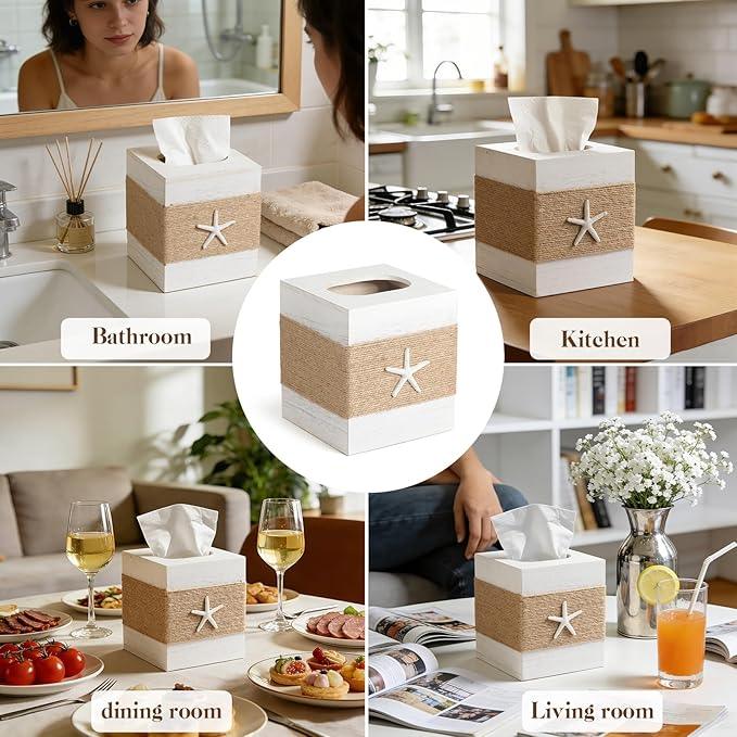 2 Pack Beach Rustic White Wood Square Tissue Box Cover with Slide-Out Bottom Panel - Beach Bathroom Decor Tissue Box Holder with Starfish for Living Room, Desk, Bedroom, Bathroom - ModernBath
