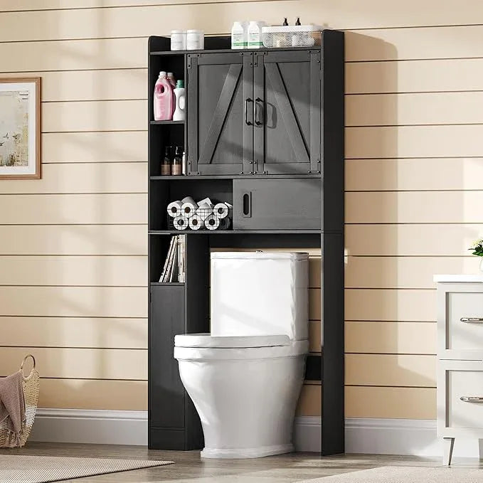 ChooChoo Over The Toilet Storage Cabinet, Farmhouse Bathroom Shelf Over Toilet with Adjustable Shelves, Above Toilet Storage Cabinet with Sliding Door for Bathroom, Laundry Room, Black - ModernBath