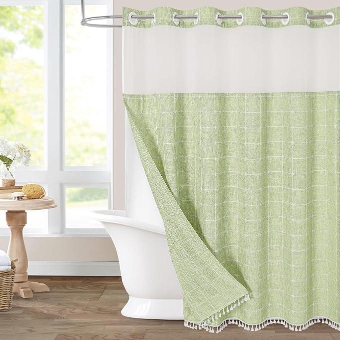 MitoVilla No Hooks Required Farmhouse Shower Curtain with Snap-in Liner - with Window & Magnets, Boho Cotton Linen Fabric Shower Curtains with Tassels for Rustic Bathroom Decor, Sage Green, 72 x 74 - ModernBath