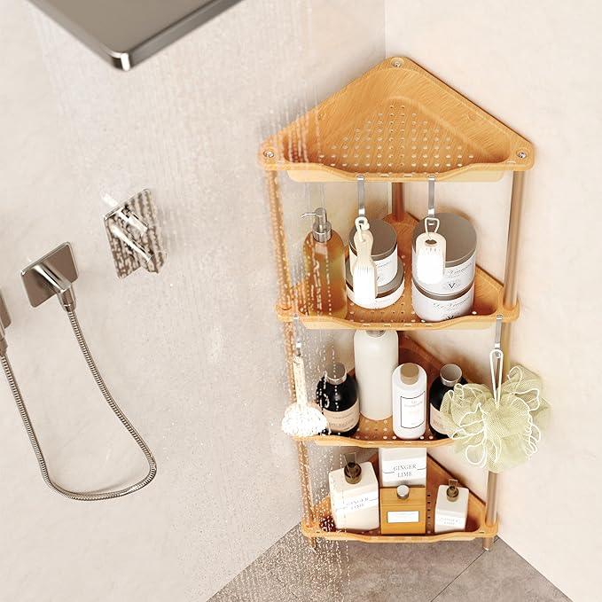 Orimade Rustproof 4 Tier Floor Standing Corner Shower Caddy Organizer, Plastic Aluminum Splicing Floor Corner Shelf Rack Storage Stands for Bathroom, Wood Grain Surface - ModernBath