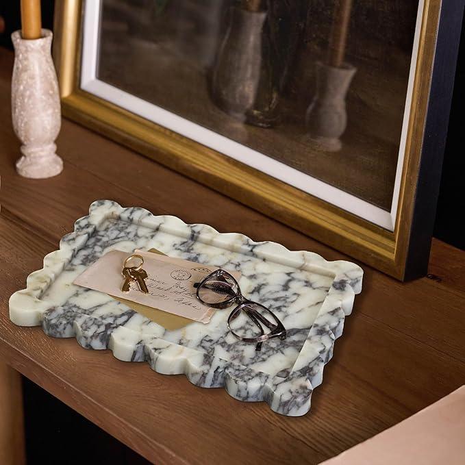 Prolee Scalloped Marble Tray,Marble Vanity Trays for Bathroom 12" x 9", Scalloped Tray,Wave Appearance Jewelry Home Decor Stone Trays for Kitchen Counter, Bathroom,Genuine Calacatta Viola - ModernBath