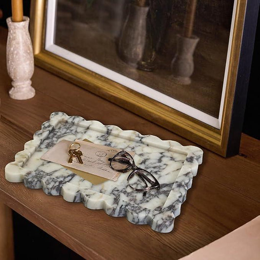 Prolee Scalloped Marble Tray,Marble Vanity Trays for Bathroom 12" x 9", Scalloped Tray,Wave Appearance Jewelry Home Decor Stone Trays for Kitchen Counter, Bathroom,Genuine Calacatta Viola - ModernBath