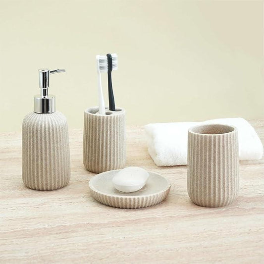 SEICASAYA 4-Piece Bathroom Accessory Set - Modern Resin & Sandstone Collection - Includes Soap Dispenser 8.5oz, Toothbrush Holder, Tumbler, Soap Dish (Beige) - ModernBath
