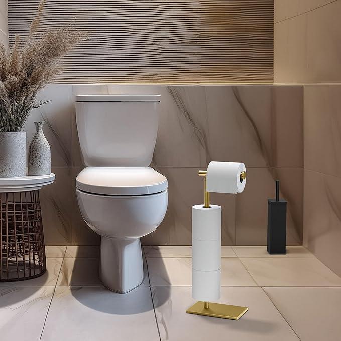 Gatco 1443B, Modern Rectangle Base Freestanding Toilet Paper Holder with Storage, 21.13”H, Brushed Brass - ModernBath