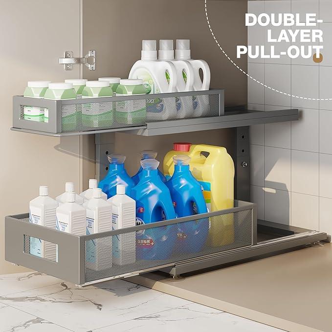 2 Pack 18.5IN-Depth Under Sink Organizer With Next-Gen Ball-Bearing Slides,2-Tier Pull Out Cabinet Storage,Height Adjustable Drawer Shelf for Bathroom,Kitchen,Laundry,Cabinet,Pantry-Gun Gray - ModernBath