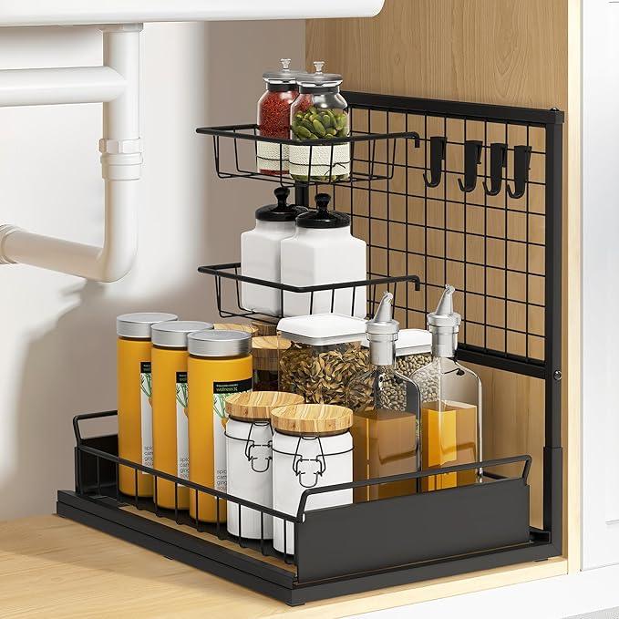 Under Sink Organizer Shelves, Pull Out Cabinet Organizers, Metal Hook Shelf Sliding Drawers for Kitchen Bathroom Closet Organization and Storage - ModernBath