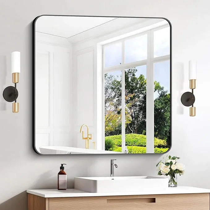 CIVENO Black Bathroom Mirrors for Wall, 30"x30" Square Mirror, Rounded Corner Metal Frame Wall Mirror, Bathroom Vanity Mirror for Bedroom Living Room Entryway Horizontal Or Vertical Mounting - ModernBath