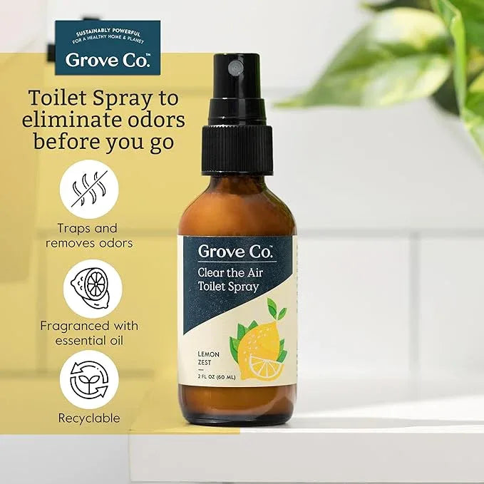 Grove Co. Toilet Spray, Clear the Air Bathroom Spray Air Freshener (2 fl oz) Odor Eliminator for Strong Odor, 100% Natural Lemon Zest Scent, Vegan, Paraben & Phthalate Free (Pack of 3) - ModernBath