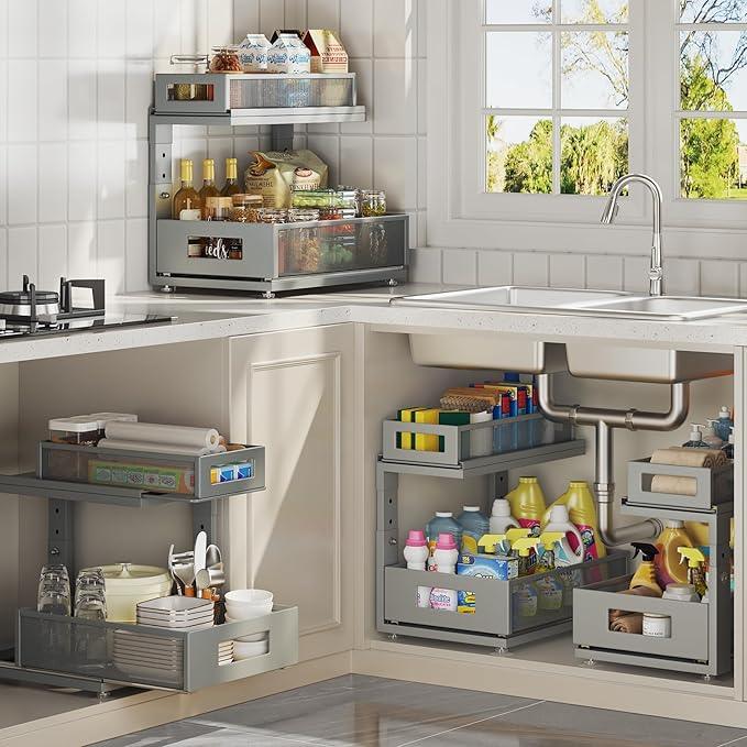 2 Pack 15.74IN-Depth Under Sink Organizer With Next-Gen Ball-Bearing Slides,2-Tier Pull Out Cabinet Storage,Height Adjustable Drawer Shelf for Bathroom,Kitchen,Laundry,Cabinet,Pantry-Gun Gray - ModernBath