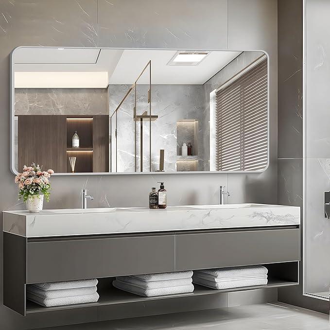 CIVENO 30x60 Inch Silver Bathroom Mirror, Large Rectangular Vanity Mirror, Metal Framed Rectangle Mirror, Rounded Corner Wall Mounted Mirrors for Living Room Bedroom Entryway Horizontal or Vertical - ModernBath